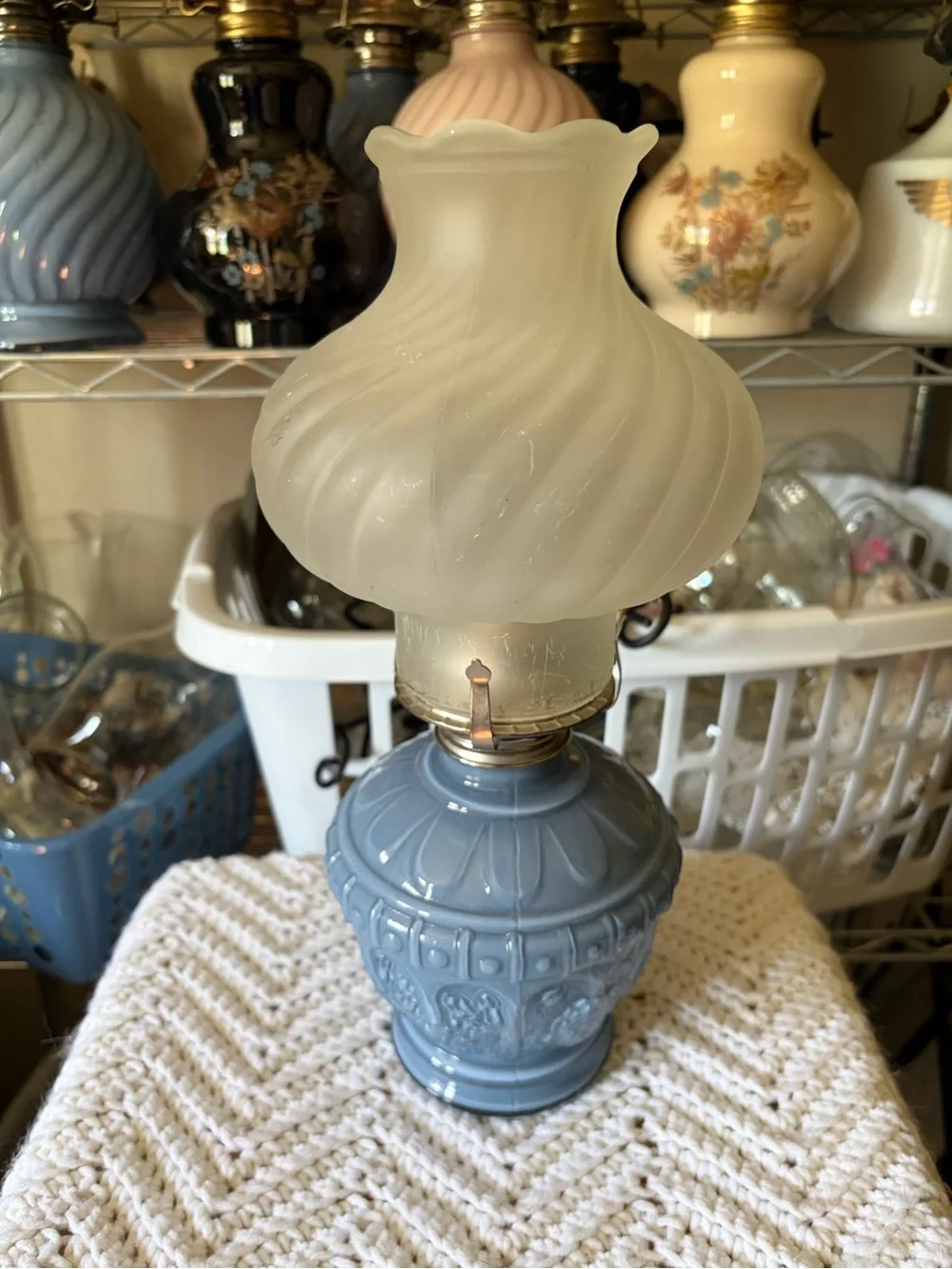 Vintage Style Blue Ceramic Table Lamp with Frosted Glass Shade